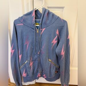 Aviator Nation Blue Zip Hoodie with Pink Lightning